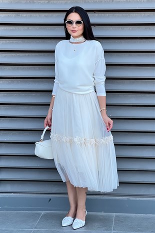 Mahal Şerit Güpür Üzeri Boncuk İşlemeli Tül Etek
