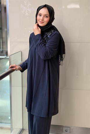 Nurcan Çetin Omuzu Payet İşli Nervürlü Tunik Pantolon Takım