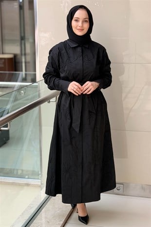 Kahma Nakıl İşlemeli Kuşaklı Gömlek Elbise