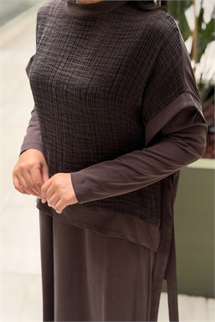 Nurcan Çetin Bürümcük Kolsuz Tunik Tam Boy Elbise İkili Takım
