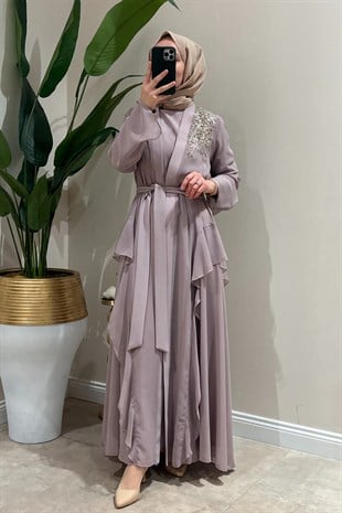 Heddy Omuzu Boncuk İşli Fırfırlı İç Elbiseli Abaya