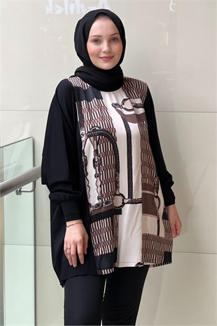 Ghisa Saten Triko Kombinli Desenli Tunik