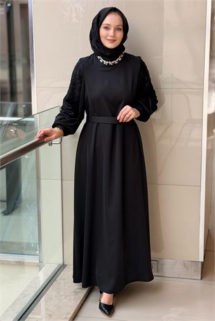 Matex Yakası Damla Taşlı Kolları Desenli Abiye Elbise