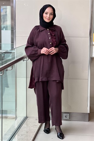 Ghisa Fırfır Detaylı Mix Kumaş Desenli Tunik Pantolon Takım