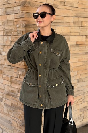 Mahal Cepleri Taş İşlemeli Fermuarlı Bel Büzgülü Denim Kap