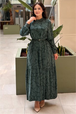 Nurcan Çetin Kendinden Desenli İnce Kemerli Elbise