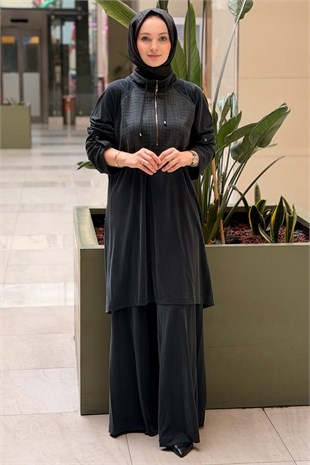 Heddy Bürümcük Kumaş Kombinli Yarım Fermuarlı Tunik Pantolon Takım