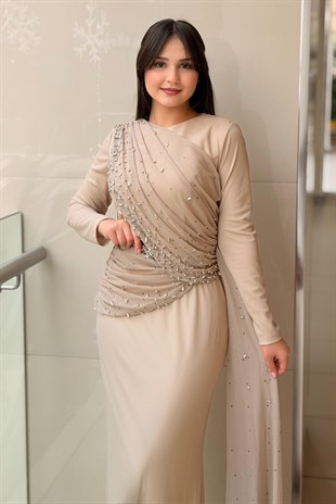 Fashion Night Drapeli Taş İşlemeli Tül Abiye Elbise