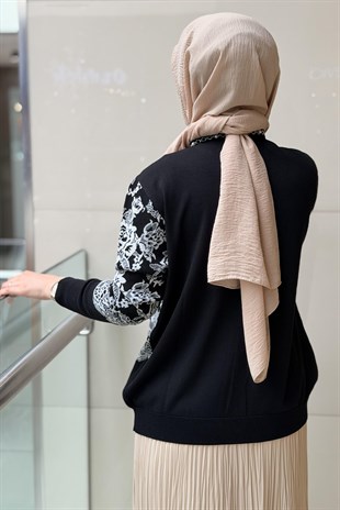Ghisa İnci Düğmeli Gül Desenli Triko Hırka