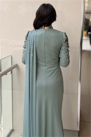 Fashion Night Kolları Taşlı Şifon Tül Abiye Elbise