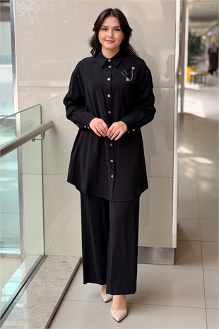 Nurcan Çetin Broş Detaylı Gömlek Pantolon Basic Takım
