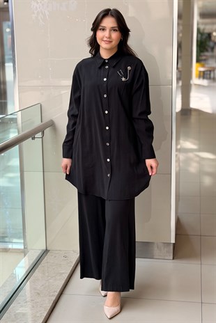 Nurcan Çetin Broş Detaylı Gömlek Pantolon Basic Takım