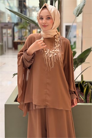 Ghisa Aksesuar Kolyeli İçlikli Şifon Tunik Pantolon Takım