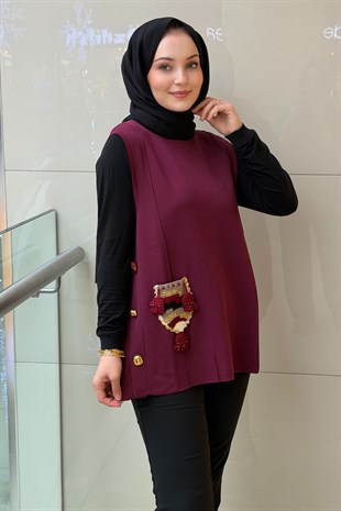 Ghisa Yanları Düğmeli Etnik Desen Cepli Yelek