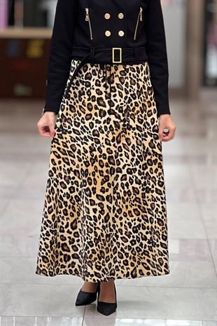 Sentez Leopar Saten Kiloş Etek