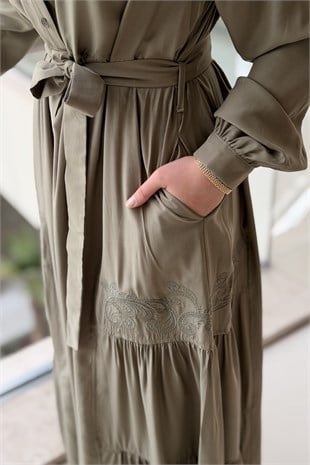 Nurcan Çetin Nakış Detaylı Kuşaklı Cotton Elbise