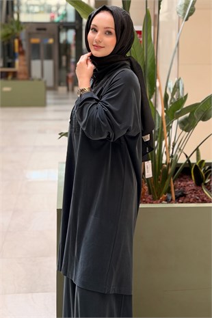 Heddy Bürümcük Kumaş Kombinli Yarım Fermuarlı Tunik Pantolon Takım