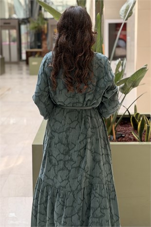 Nurcan Çetin Kendinden Desenli İnce Kemerli Elbise