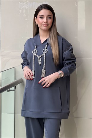 Ghisa Kapüşonlu Kanguru Cepli Kolye Taş İşlemeli Tunik Pantolon Takım