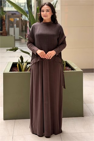 Nurcan Çetin Bürümcük Kolsuz Tunik Tam Boy Elbise İkili Takım