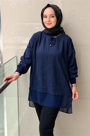 Tığ Triko Aksesuarlı Şifon Kombinli Tunik