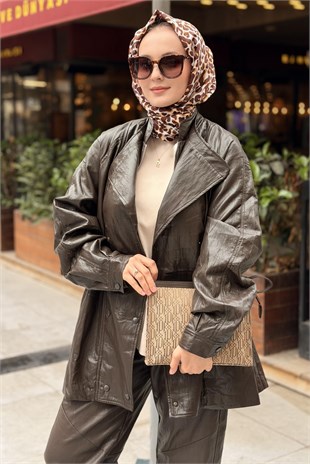 Ghisa Geniş Yaka Fermuar Ve Düğmeli Deri Trenç