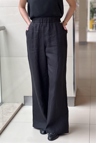 Missdalida Düz Renk Bol Paça Keten Pantolon