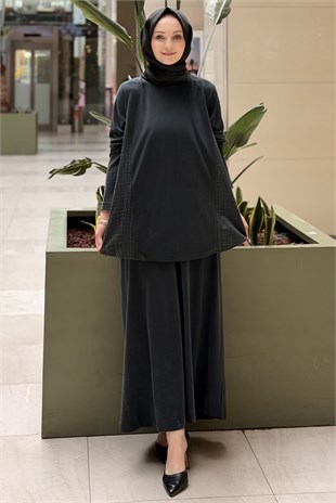 Heddy Yanları Bürümcük Kumaş Kombinli Tunik Etek Takım