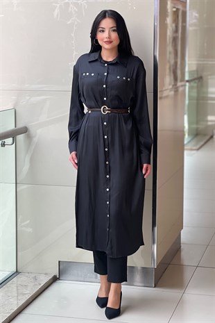 Missemramiss Yırtmaçlı Saten Uzun Gömlek