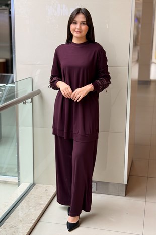 Nurcan Çetin Kolları Büzgü Efektli Tunik Pantolon Takım