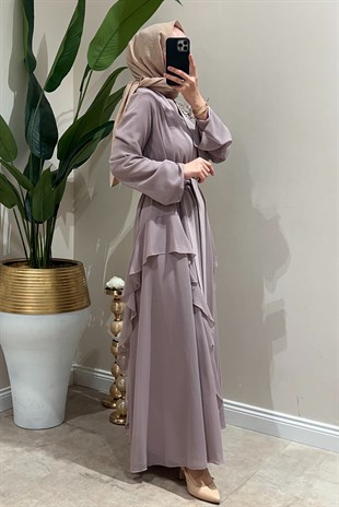 Heddy Omuzu Boncuk İşli Fırfırlı İç Elbiseli Abaya