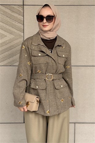 Mahal Vintage Boncuk İşlemeli Simli Önden Fermuarlı Kap