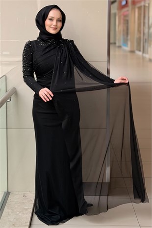 Fashion Night Kolları Taşlı Şifon Tül Abiye Elbise