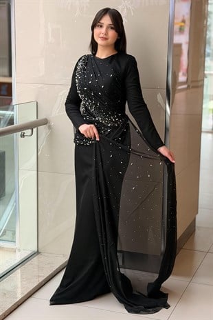 Fashion Night Drapeli Taş İşlemeli Tül Abiye Elbise