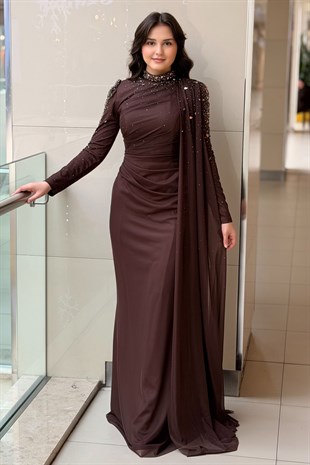 Fashion Night Kolları Taşlı Şifon Tül Abiye Elbise