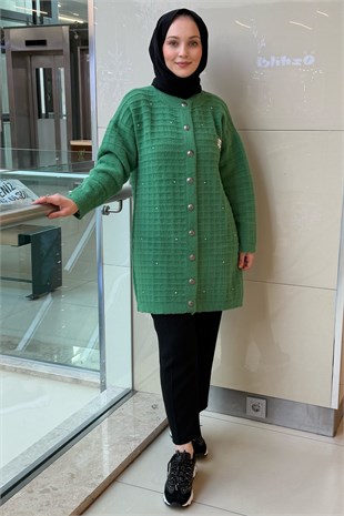Nuss Kendinden Kare Desenli Taş İşlemeli Broşlu Çıtçıtlı Angora Hırka