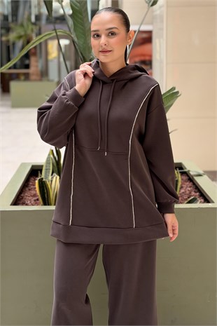 Nuss Kapşonlu Taş İp Detaylı Sweat Pantolon Takım