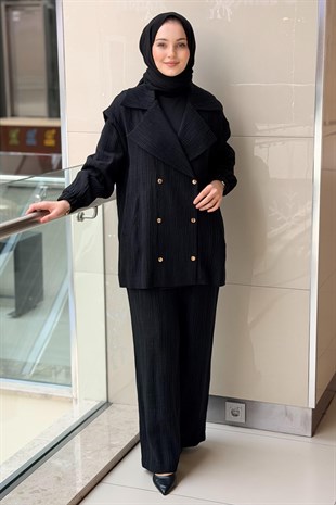 Nuss Önü Çıtçıtlı Geniş Kruvaze Yaka Ceket Pantolon İkili Takım