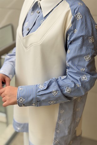 Ghisa İşlemeli Çizgili Mix Kumaş Tunik Pantolon Takım