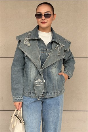Mahal Yakası Boncuk İşlemeli Şal Detaylı Denim Ceket