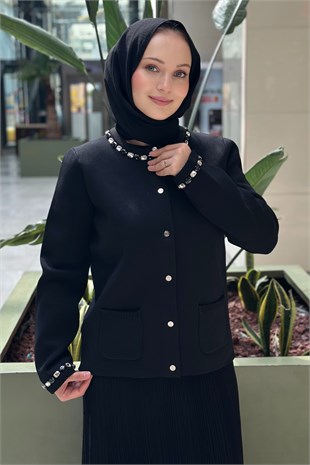 Ghisa Yaka Taş İşlemeli Önden Çıtçıt Düğmeli Çelik Örme Triko Hırka