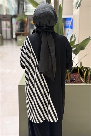 Nurcan Çetin Kontrast Çizgi Desenli Kolsuz Tunik İçlik Pantolon 3lü Takım