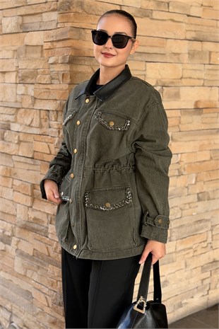 Mahal Cepleri Taş İşlemeli Fermuarlı Bel Büzgülü Denim Kap
