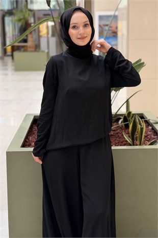 Kahma Bisklet Yaka Basic Bol Pantolonlu Takım