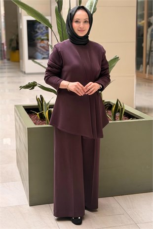 Nuss Asimetrik Pile Detaylı Tunik Pantolon Modal Takım