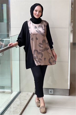 Ghisa Saten Triko Kombinli Desenli Tunik