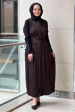 Nurcan Çetin Torba Cepli Palaska Kemerli Fermuarlı Tam Boy Yelek