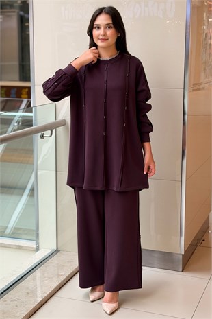 Fuat Gürşen Biye Detaylı kristal Taş İşlemeli Tunik Pantolon