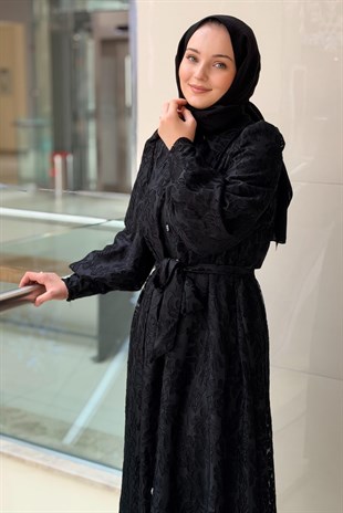 Matex Önden Düğmeli Kuşaklı Yakma Abiye Elbise