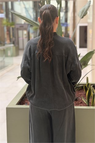 Ghisa Önü Kısa Arkası Uzun İp Büzgü Detaylı Tunik Pantolon Takım
